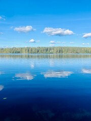 beautiful blue lake view, blue sky with white clouds reflections on the lake surface