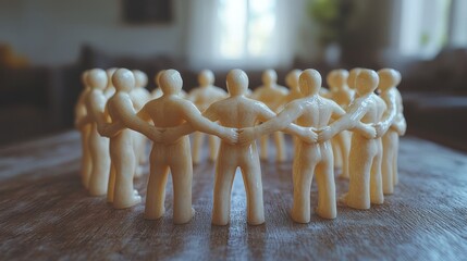 Team of Wooden Figures Holding Hands in a Circle