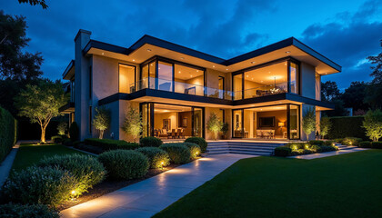 Fototapeta premium Striking contemporary house illuminated at night, showcasing sleek lines and lush landscaping.