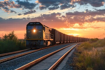 Fototapeta premium Freight train traveling through a vast landscape during a stunning sunset