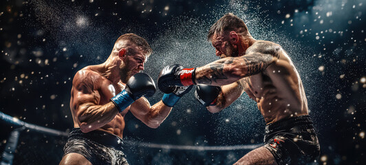 Two MMA Fighters Boxing in a Ring with Water Spraying