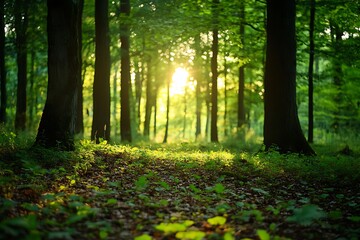 Sun shining through trees in a lush green forest. Nature, environment, woodland, foliage, peace