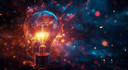 A glowing light bulb surrounded by colorful sparks and abstract elements in a dark setting