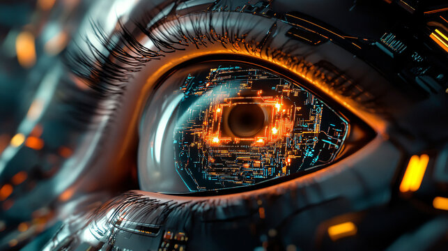 A robotic eye with a microchip iris. surrounded by intricate. glowing circuitry patterns. 