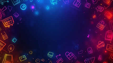  Neon icons of shopping carts, bags, and boxes on a dark background with glowing effects. Ideal for promoting ecommerce, online shopping, and events like Black Friday or Cyber Monday