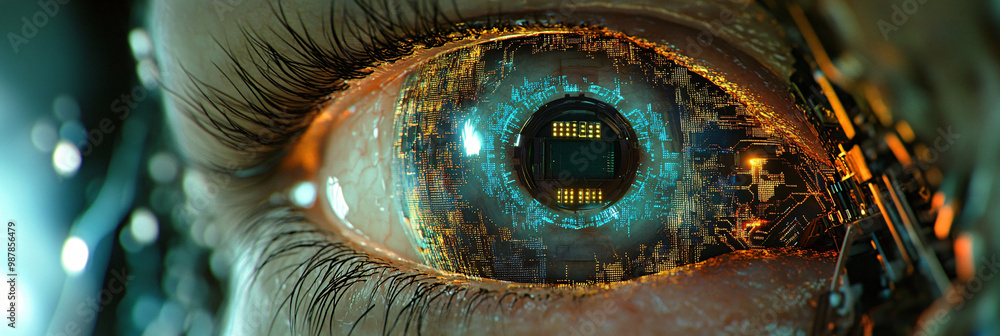 Poster a robotic eye with a microchip iris. surrounded by intricate. glowing circuitry patterns.