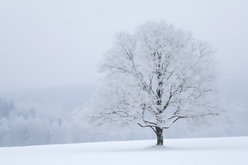 Fototapeta premium Lonely snow covered tree in a foggy winter landscape