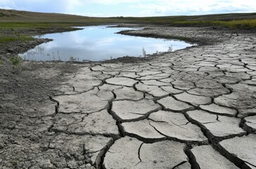 Dry landscape with cracked earth near a receding lake under a bright blue sky