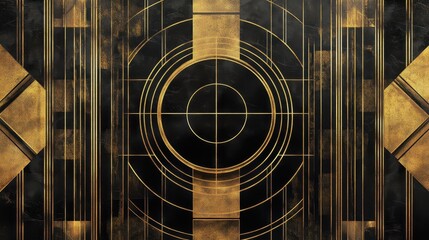 A dark background with a gold geometric pattern featuring a central circle and concentric rings