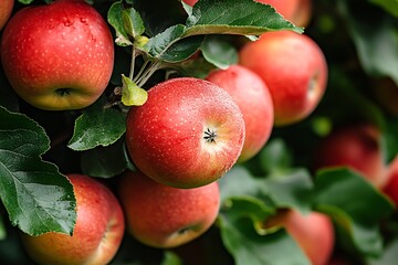Red apples on a branch with green leaves, close up photo