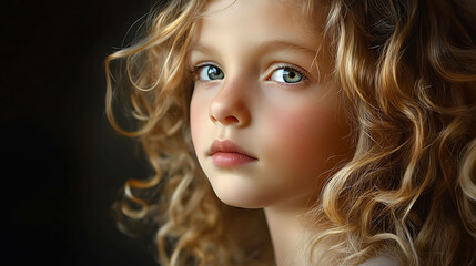 Fototapeta premium A young girl with blonde curly hair looks into the camera with a thoughtful expression.