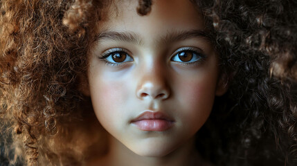 Fototapeta premium Closeup portrait of a young girl with curly hair and big brown eyes.