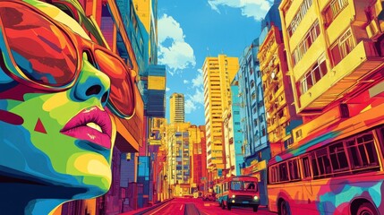 Obraz premium A Colorful Cityscape with a Woman Wearing Sunglasses