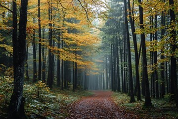 Obraz premium Forest path in autumn with mist and yellow leaves on trees