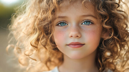 Fototapeta premium Close-up portrait of a little girl with curly blonde hair and bright blue eyes.