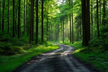 Fototapeta premium Sunlight streaming through trees in lush green forest with winding dirt path