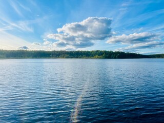 beautiful blue lake view, blue sky with white clouds reflections on the lake surface