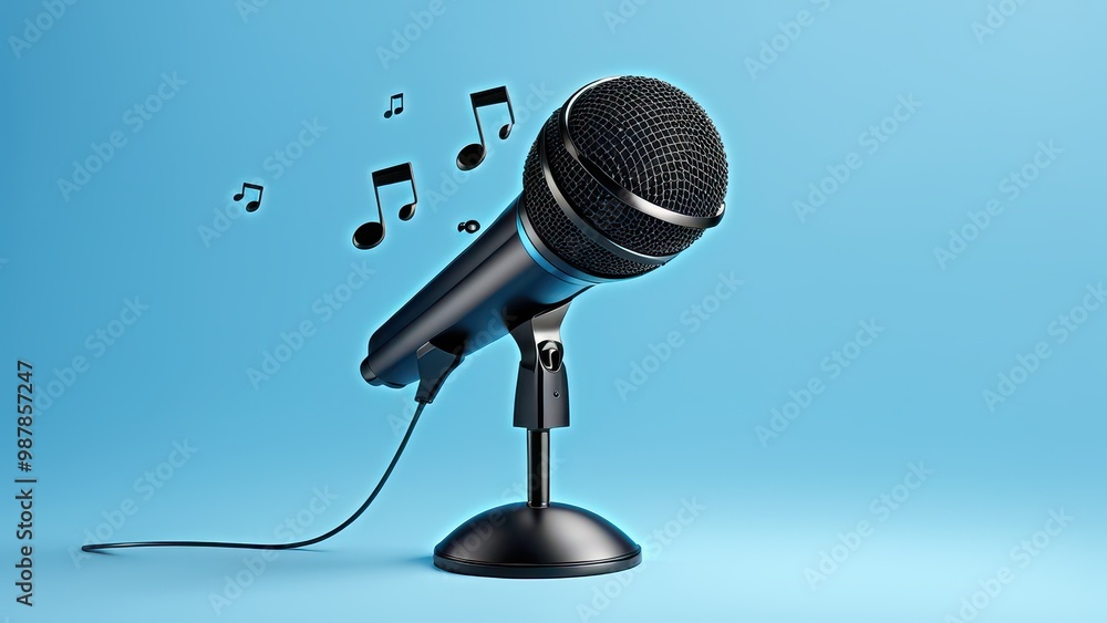 Poster a microphone on a stand with musical notes, symbolizing performance and creativity.