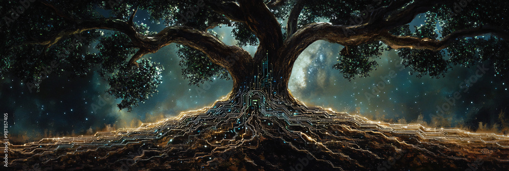 Poster a robotic tree with microchip leaves vibrant circuit roots spreading across the ground.