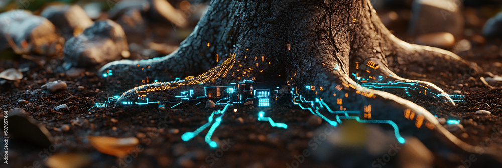 Poster a robotic tree with microchip leaves vibrant circuit roots spreading across the ground.