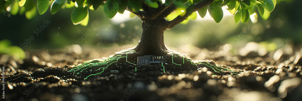 Poster a robotic tree with microchip leaves vibrant circuit roots spreading across the ground.