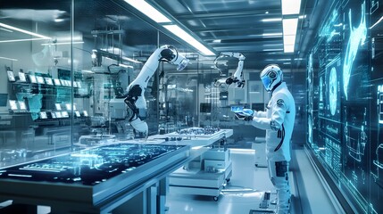 Futuristic Laboratory with Robotic Arm, Humanoid, and Digital Displays