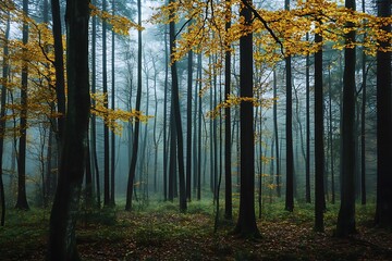 Misty Autumn Forest, Golden Leaves, Dark Trees, Fog, Nature, Woodland