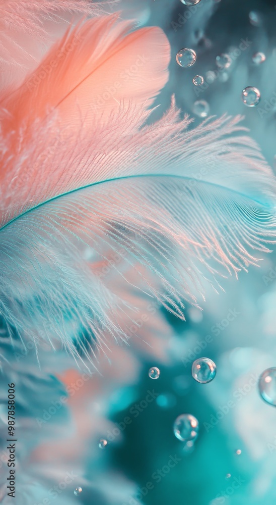 Poster delicate pink feathers gently float in a shimmering blue background with soft bubbles