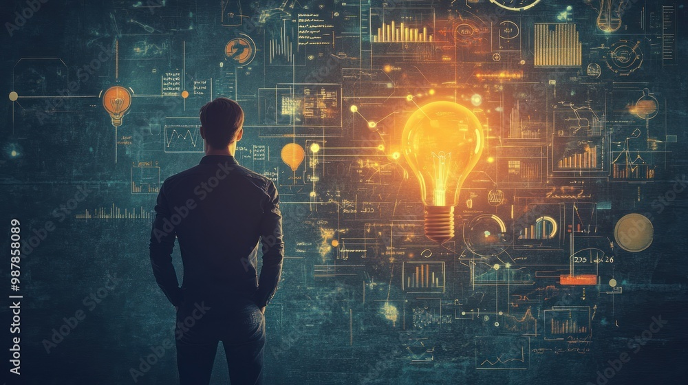Poster man contemplating a glowing lightbulb against a background of data and charts