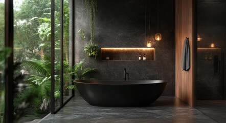 Elegant modern bathroom with a black bathtub and lush greenery in a serene setting