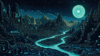 Obraz premium A surreal landscape where mountains and rivers are composed of glowing microchip circuits. 