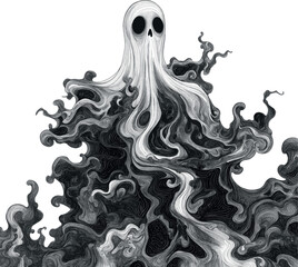 A highly detailed black-and-white ink illustration of a ghostly figure on a white background. The ghost is surrounded by flowing, intricate patterns of mist and smoke, with fine li