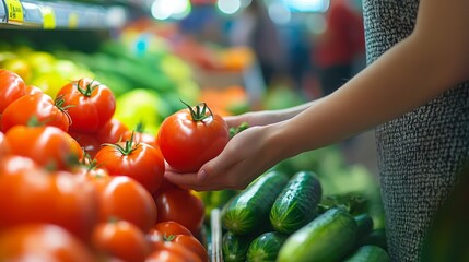 Young woman happily shops for fresh produce in a grocery store, selecting tomatoes and cucumbers for a healthy lifestyle. The vibrant vegetables stand out against a blurred background of shoppers