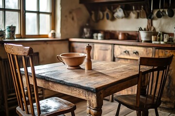 Rustic Kitchen Interior with Wooden Table, Chairs, and Vintage Details