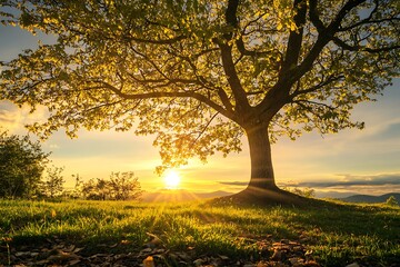 Obraz premium Silhouette of large tree with sunset and green grass