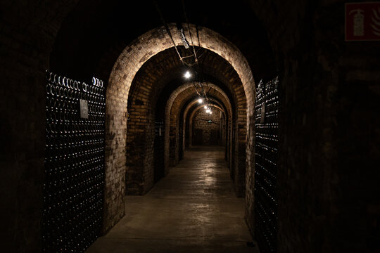 Wine bottles in historic cellar tunnel