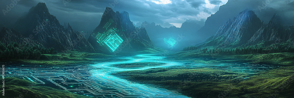 Poster a surreal landscape where mountains and rivers are composed of glowing microchip circuits.