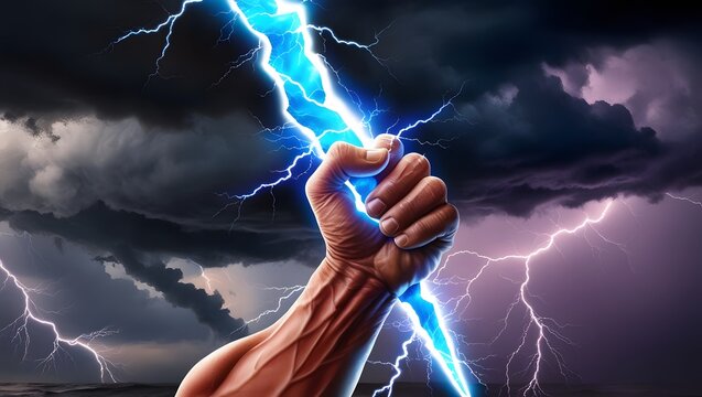 Hand holding up a lightning bolt. Energy and power. Stormy background. Blue glow. Zeus, thor.