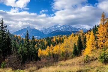 Obraz premium Golden Autumn Forest Landscape with Mountain Range and Cloudy Sky