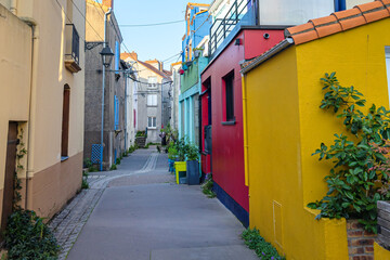 Obraz premium Trentemoult is a former fishing village on the Loire River, known for colorful houses. Nantes, Loire Atlantique, France.