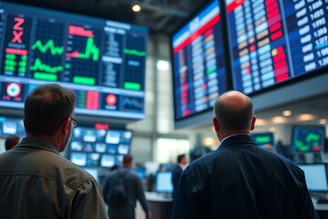 Traders and investors watching stock prices at trading floor in stock exchange
