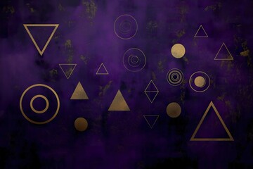 Geometric shapes in metallic gold creatively arranged on a dark textured background, showcasing intricate designs and patterns