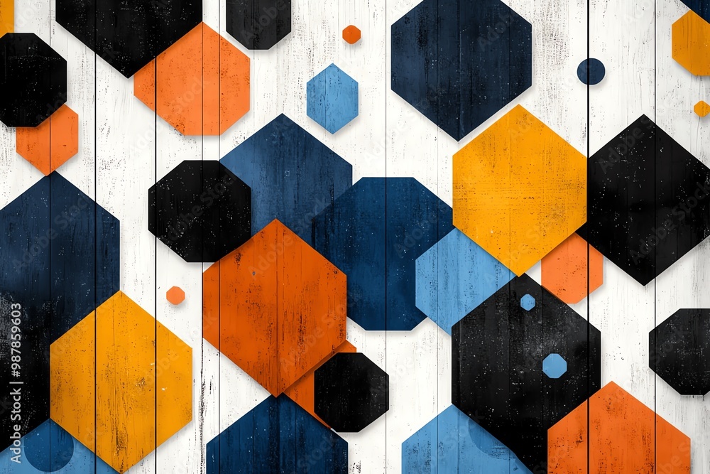 Poster abstract geometric design, with bold triangles and hexagons creating a modern, eye-catching cover