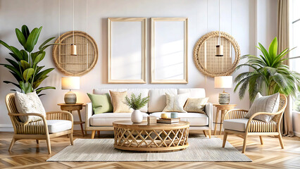 Home interior mock-up with rattan furniture, table and decor in living room, 3d render, white Mock up frame