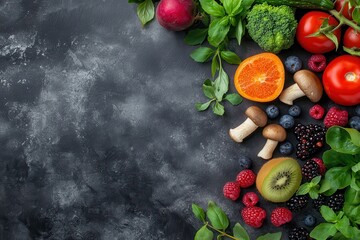Banner Aerial view of clean eating options fruits vegetables berries and mushrooms Nutritious food