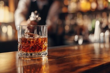 Bartender pours whiskey at wooden bar