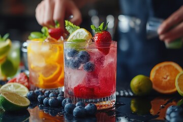 Bartender prepares cool summer cocktails