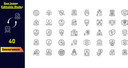 Insurance and assurance icon set, featuring icons for healthcare, medical, life, car, home, and travel insurance. Editable stroke vector icon collection.