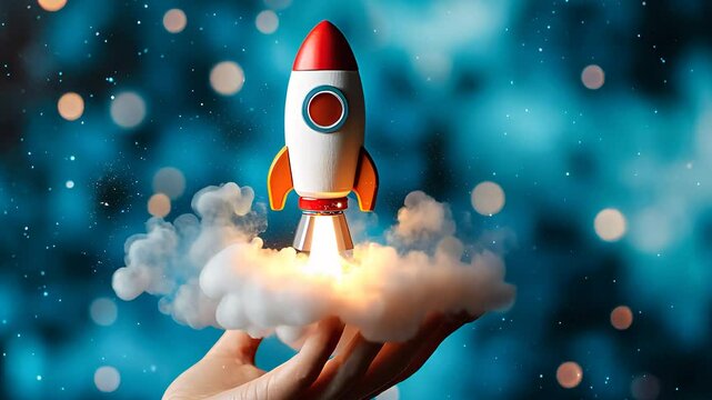Hand launching a miniature rocket into the sky, symbolizing startup growth, innovation, creativity, and futuristic technology.

