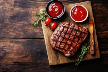 Beef steak on a wooden board with ketchup and condiments overhead shot with blank space